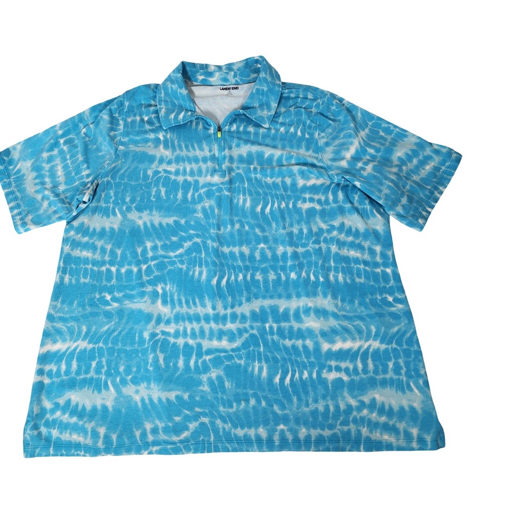 Lands End Womens 1X Blue White Tie Dye Quarter Zip Short Sleeve Polo Shirt